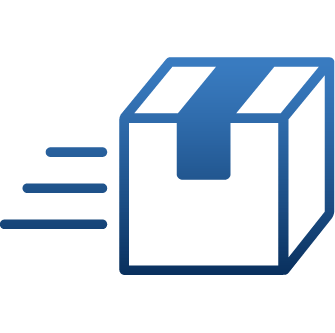 Icon of a taped cardboard box with three horizontal motion lines behind it, representing fast delivery. Associated with the phrase 'Order, Enjoy'