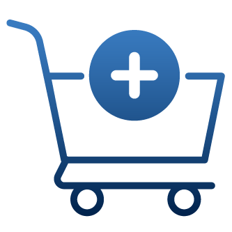 Icon of a shopping cart with a circular quick add button in the center, symbolizing easy reward shopping. Associated with the phrase 'Shop Rewards'.