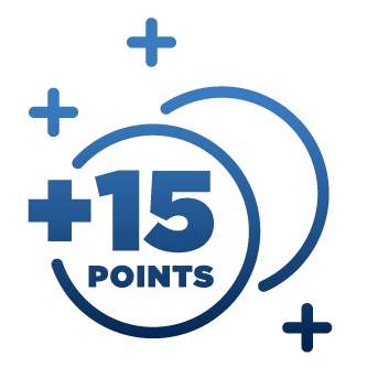 Icon showing the number 15 inside a circle, with multiple plus signs floating around it, representing earning or collecting points. Associated with the phrase 'Collect Points'.