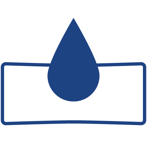 Pouch with water droplet representing hydro-boosted comfort-fit pouch.
