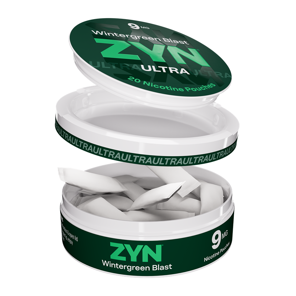 Exploded view of a ZYN Ultra 9mg Wintergreen Blast can showing the lid layers, disposal compartment, and nicotine pouches inside