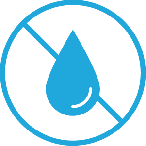 Cyan icon of water droplet crossed out. 