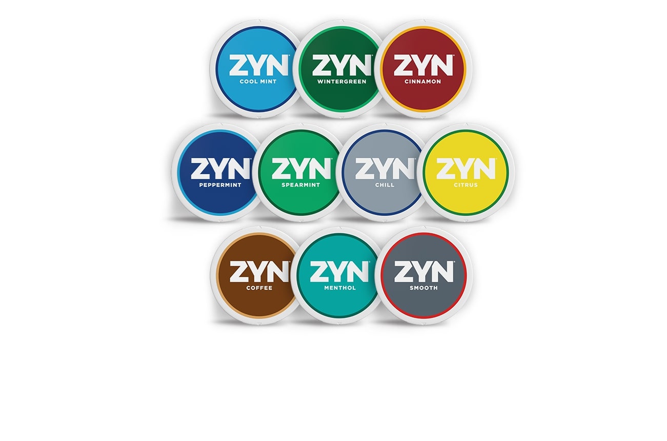 Can images for all ZYN nicotine pouch flavors on white background.