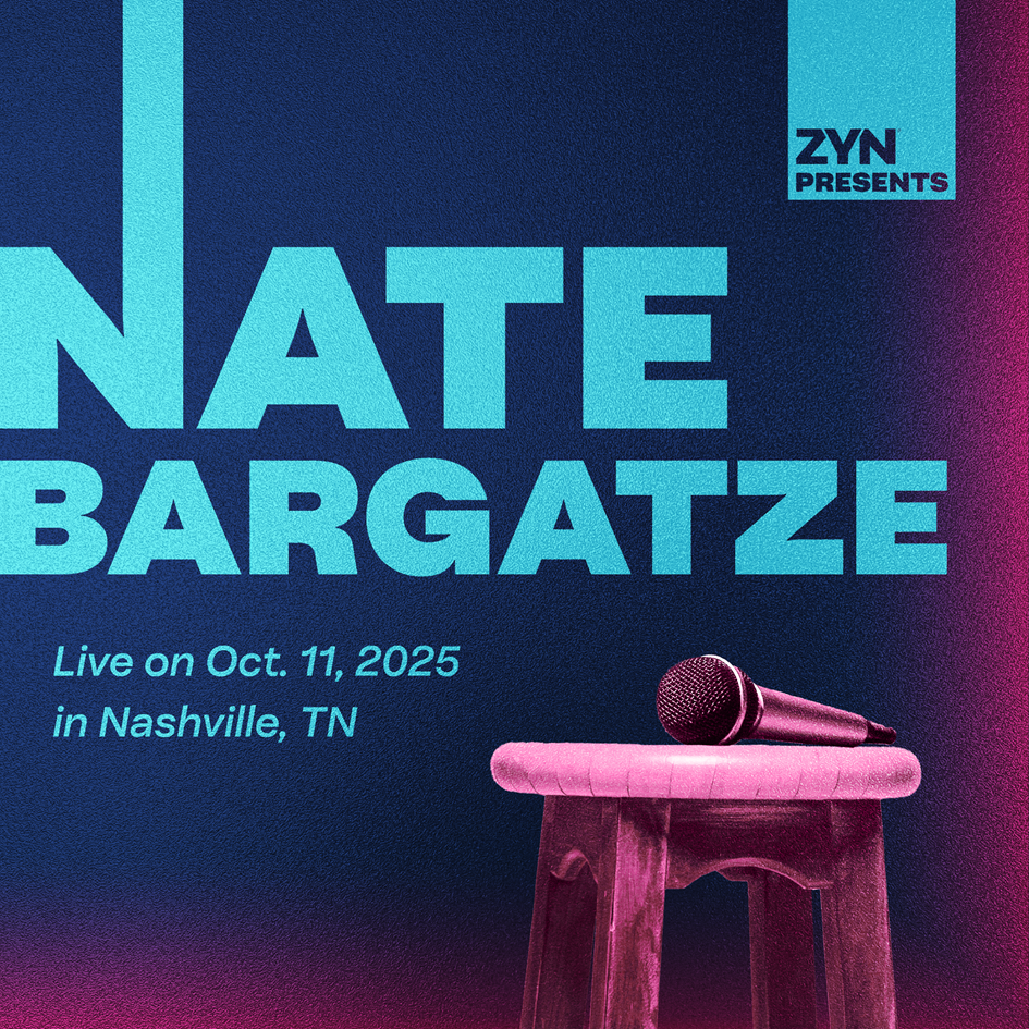 Promotional image for comedian Nate Bargatze with a navy background. Text reads 'Live on October 11, 2025 in Nashville, TN.' A pink stool with a microphone resting on it appears in the image, symbolizing stand-up comedy.