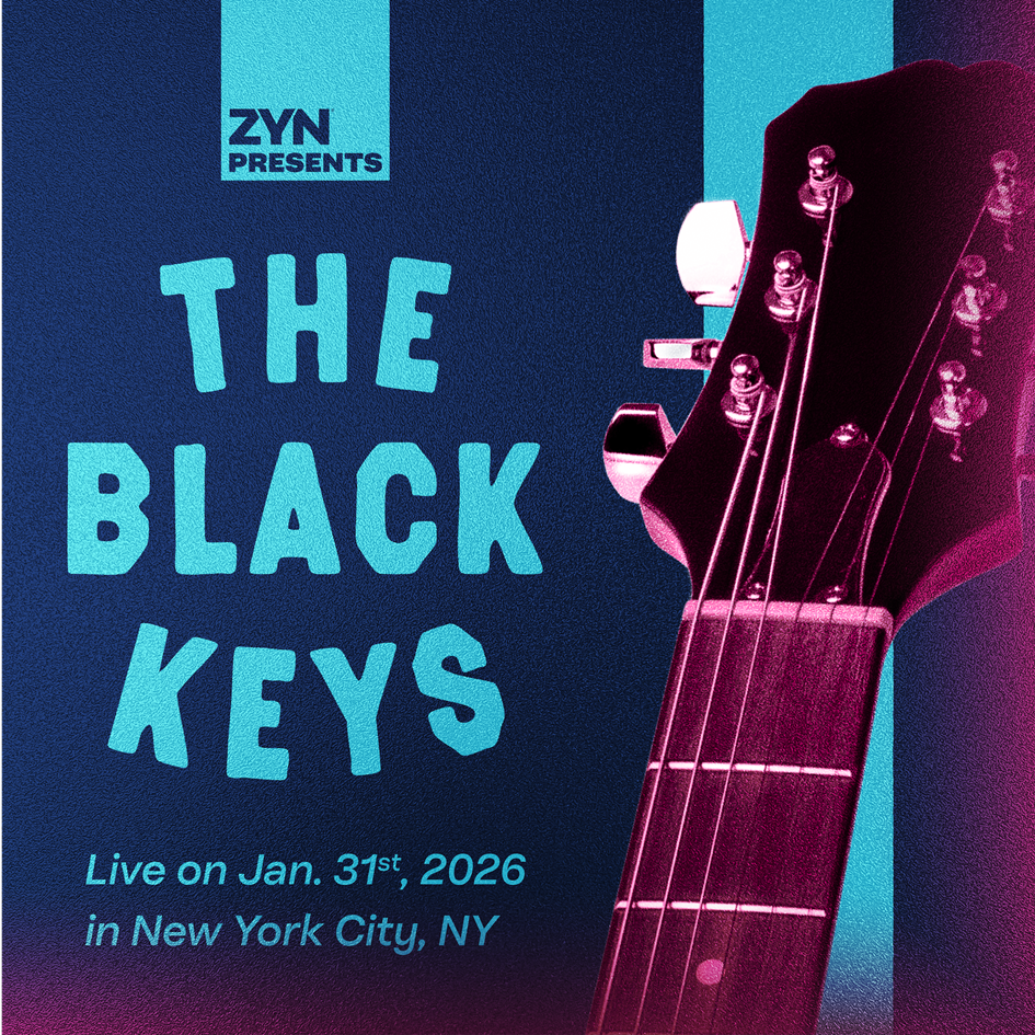 Image featuring the words 'The Black Keys' in cyan text, a pink guitar graphic, and concert information.
