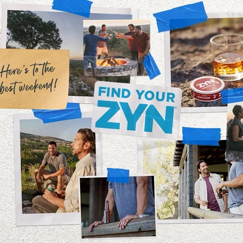 Find Your ZYN logo surrounded by various lifestyle images that appear to be tapped on the background.