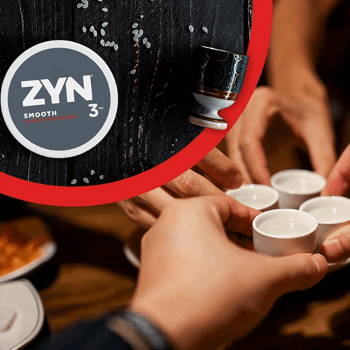 A can of ZYN Smooth with an image of four people taking sake shots.