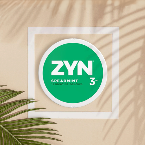 A can of ZYN Spearmint with palm tree leaves overlaying.
