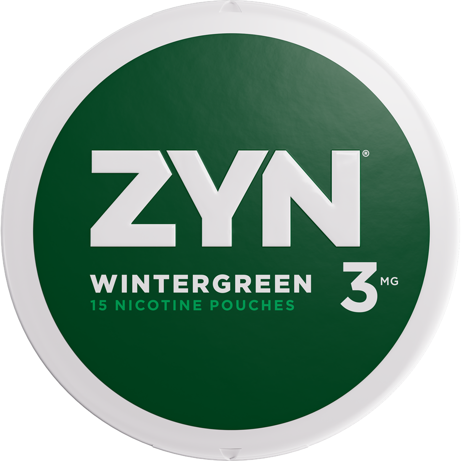 ZYN Wintergreen 3mg can with dark green label. 