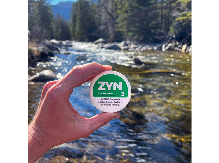 ZYN Across America winner submission of a spearmint 3 ZYN can with a lake background.