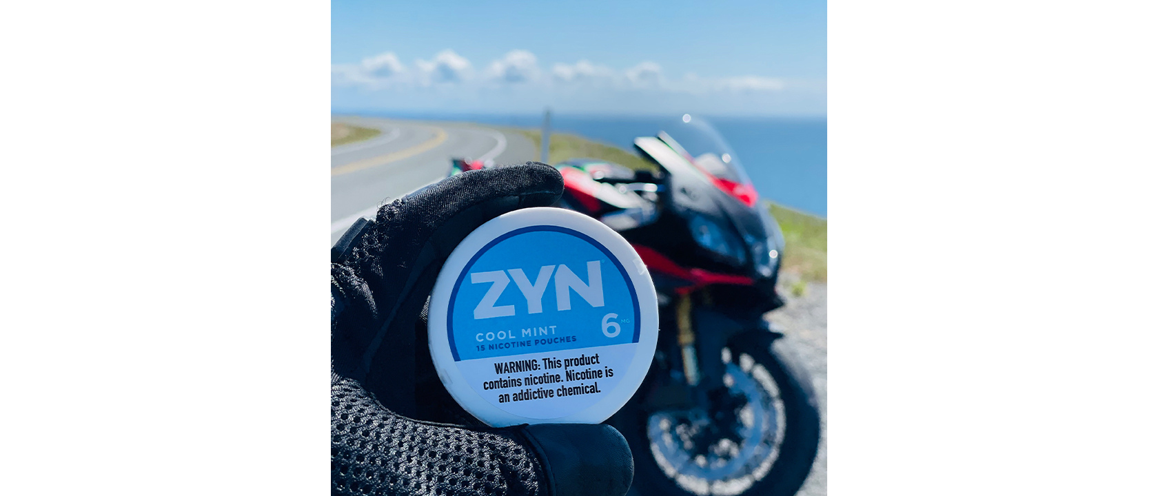 ZYN Across America winning submission of a cool mint 6 ZYN can with a red motorcycle in the background. 