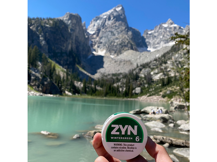 ZYN Across America winning submission of a wintergreen 6 can with a beautiful green lake and mountain in the background.