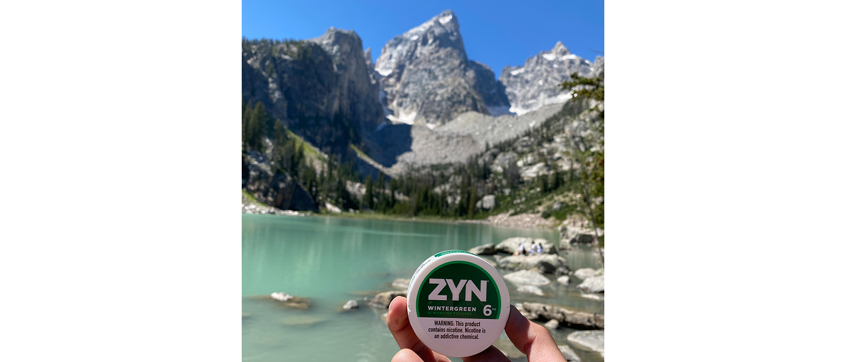 ZYN Across America winning submission of a wintergreen 6 can with a beautiful green lake and mountain in the background.